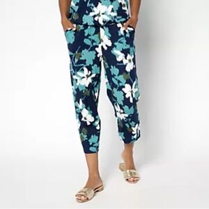 NWT QVC Denim & Co Blue Floral Print Slim Straight Crop Pants / Large Tall